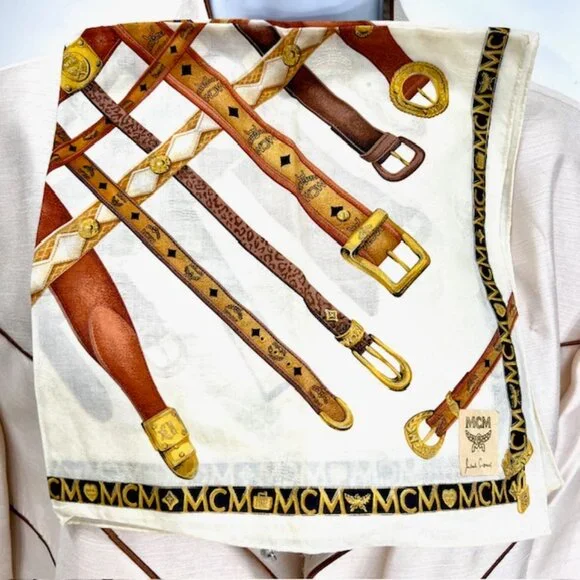 New tag On MCM mini scarf handkerchief cotton 21" Ivery Black Belts Logo  ( 28) - Picture 2 of 8